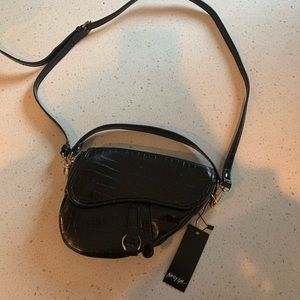 Black Leather Crocodile Saddle Bag